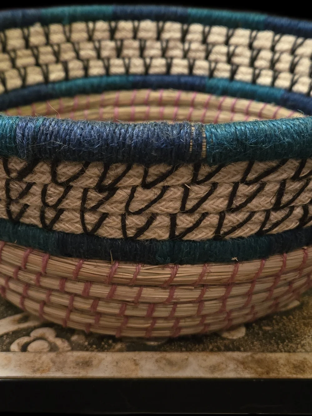 Teal, Navy, Cream, Pink Woven Decorative Basket